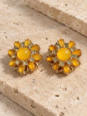 Yellow Flower Shaped Stud Earrings Crystal Rhinestone Post Back Vintage Jewelry
